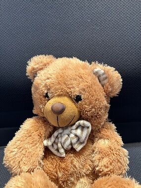 Plush Brown Teddy Bear with Striped Bow - Soft Kids Toy